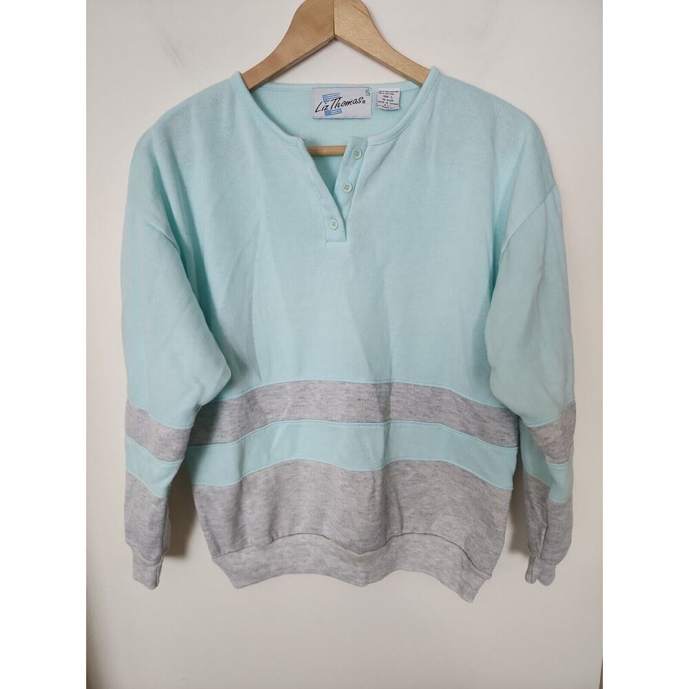 Liz Thomas Vintage Sweatshirt Mint Light Blue And Grey Large L 80s